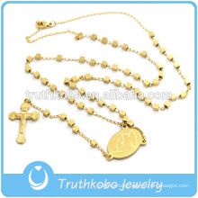 18K Gold Over Stainless Steel Cube Bead Necklace Catholic Jewelry with Crucifix Gold Necklace for Women